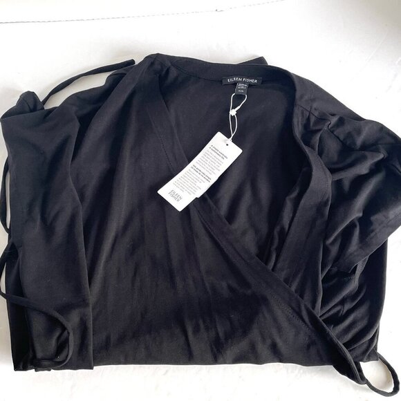 Eileen Fisher Wrap Top Womens Medium Black V-neck Short Sleeve Jersey Boxy - Picture 7 of 8